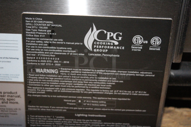 BRAND NEW SCRATCH & DENT! Cooking Performance Group GM-CPG-60-NL 60" Gas Countertop Griddle with Manual Controls - 150,000 BTU. S/N 2306004028 60x29-5/16x16-3/4. Includes Propane Conversion Kit. Back right leg is missing.  - Image 7 of 7