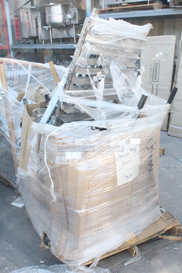 BRAND NEW SCRATCH & DENT! Pallet of Misc. Table Stands, Chairs, Bun Pan Racks, Baskets and More!!  - Image 1 of 4