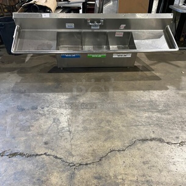 Commercial 3 Compartment Dish Washing Sink! With Dual Side Drain Board! With Back Splash! With Handles! All Stainless Steel! - Image 1 of 8