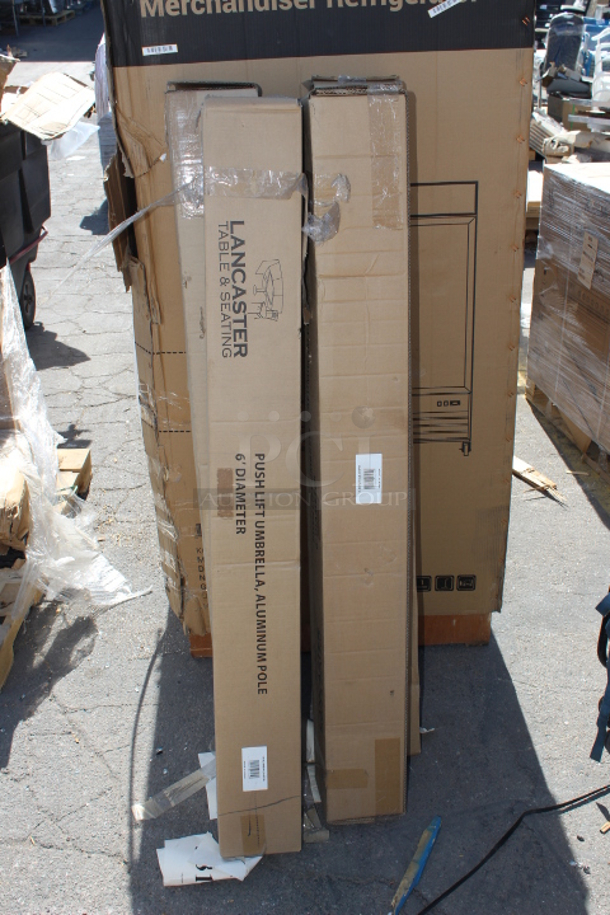 BRAND NEW IN UNOPENED BOXES! Lancaster Table & Seating 164UMBAL06CN/PB 6' (2)Canvas & (2) Cobalt Push Lift Aluminum Umbrella. NO DAMAGE. Colors have been discontinued.   - Image 2 of 5