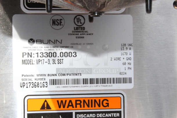 BRAND NEW SCRATCH & DENT! Bunn 13300.0003 VP17-3 Low Profile Pourover Coffee Brewer with 3 Warmers. S/N: VP17360163 - Image 4 of 7