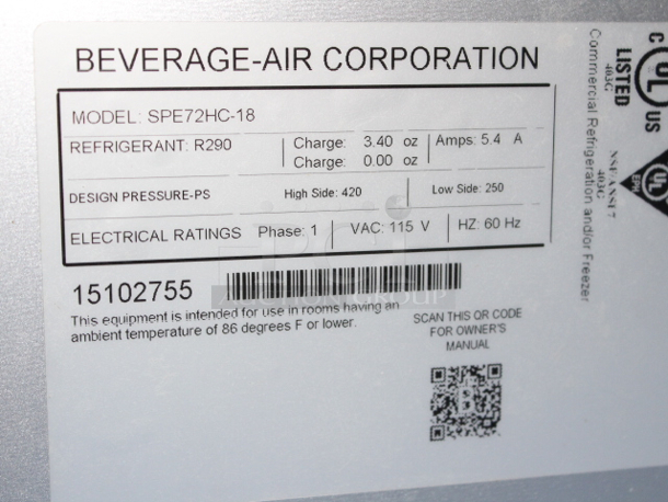 Beverage-Air SPE72HC-18 Elite Series 72" 3 Door Refrigerated Sandwich Prep Table, 115v, 9.6Amp, 1ph, 60hz. In Proper Working Condition. Appears the unit may have been used once or twice.  - Image 7 of 10