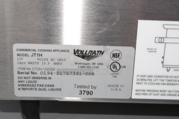 BRAND NEW SCRATCH & DENT! Vollrath CT2H-120250 JT1H Conveyor Toaster with 2 1/2" Opening - 120V, 1600W. S/N: 0194-01767391-008. Minor denting. Glass heating tube is good. 14-1/2x16-1/2x14-3/16 - Image 5 of 6