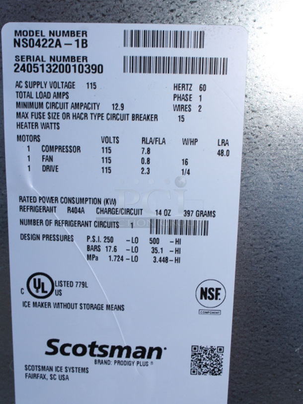 BRAND NEW SCRATCH & DENT! Scotsman NS0422A-1 Prodigy Plus Series 22" Air Cooled Nugget Ice Machine - 420 lb. S/N:24051320010390. No noticeable defects, dents or scratches. (see photos). 22x24x23 - Image 6 of 6