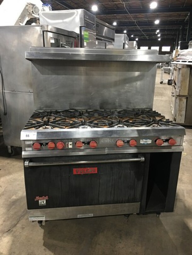 Vulcan Commercial Natural Gas Powered 8 Burner Stove! With Raised Back Splash And Salamander Shelf! With Oven Underneath! All Stainless Steel! Model: 481LC5 SN: 481053809LR