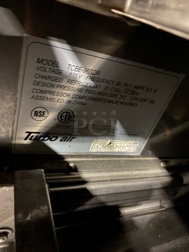 Turbo Air Commercial Refrigerated Chef Base! With 4 Drawer Storage Space! All Stainless Steel! On Casters! Model: TCBE96SDR SN: CB96301003 115V - Image 7 of 8