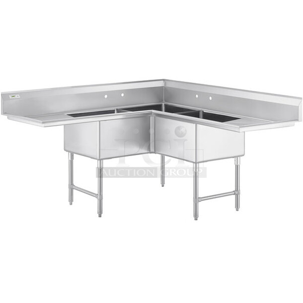 BRAND NEW SCRATCH & DENT! Regency 74 1/2" 16 Gauge Stainless Steel Three Compartment Commercial Corner Sink with Two Drainboards - 24" x 24" x 14" Bowls - Minor Dents - Image 1 of 4