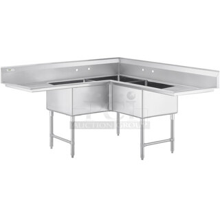 BRAND NEW SCRATCH & DENT! Regency 74 1/2" 16 Gauge Stainless Steel Three Compartment Commercial Corner Sink with Two Drainboards - 24" x 24" x 14" Bowls - Minor Dents