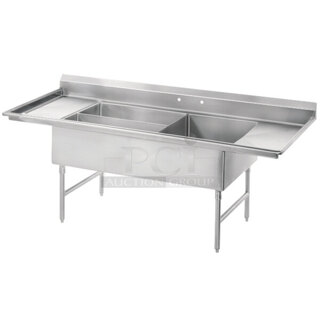 BRAND NEW SCRATCH & DENT! Advance Tabco 18-K5-56 Three Compartment Meat and Platter Sink with Two Drainboards - 91"