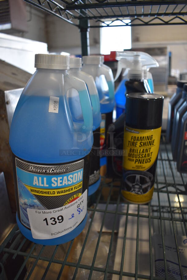 ALL ONE MONEY! Lot of 8 Various Bottles of Cleaner Including All Season Windshield Washer Fluid, Foaming Tire Shine, Cleaner/Degreaser, Window Clean.