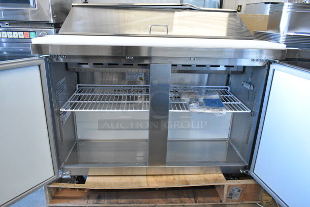 BRAND NEW SCRATCH AND DENT! 2023 Avantco 178APT48HC Stainless Steel Commercial 48" 2 Door Refrigerated Sandwich Prep Table. 115 Volts, 1 Phase. Tested and Working! - Image 3 of 9