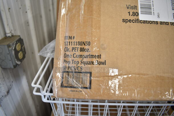 PALLET LOT of 29 BRAND NEW Boxes Including 707160HL Sabert Catering Pop-Top 14 3/8" Square Clear PET Hinged Lid for 160 oz. Square Bowl - 30/Case, 3 Box 347SP6CL Visions Florence 6" Square Clear Plastic Plate - 120/Case, 707801C Sabert Catering Pop-Top 80 oz. Clear PET One-Compartment Square Bowl - 50/Case, 2 Box 129MCR32B Choice 32 oz. Black Round Microwavable Heavy Weight Container with Lid 7 1/4" - 150/Case, 795PTOKFT1 Choice Kraft Microwavable Folded Paper #1 Take-Out Container 4 3/8" x 3 1/2" x 2 1/2" - 450/Case, 2 Box G4600XR Can Liners, 612P527 Choice 7" Clear Round Plastic Dome Lid - 500/Case, 3 Box 395SP08 EcoChoice Compostable Sugarcane / Bagasse 8" x 8" Square Plate - 400/Case, 7071602C Sabert Catering Pop-Top 160 oz. Clear PET Two-Compartment Square Bowl Set - 30/Case, 707802C Sabert Catering Pop-Top 80 oz. Clear PET Two-Compartment Square Bowl - 50/Case, HP4004743 Manitowoc Ice 4004743 Curtain, Water, Vac Form, 500CTOUT96 Choice 96 oz. Beverage Take-Out Container - 25/Case, 500TO883C3 Choice 8" x 8" x 3" Microwaveable 3-Compartment Black / Clear Plastic Hinged Container - 100/Case, 394360XL Noble Products Clear Powdered Disposable Vinyl Gloves for Foodservice - Extra Large - 1000/Case. 29 Times Your Bid! - Image 3 of 12