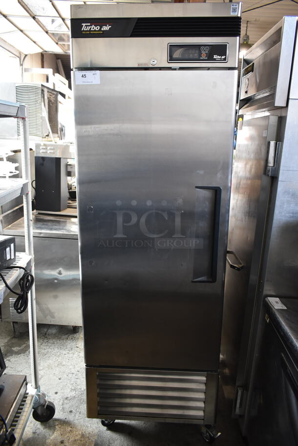 Turbo Air TSR-23SD Stainless Steel Commercial Single Door Reach In Cooler w/ Poly Coated Racks on Commercial Casters. 115 Volts, 1 Phase. Tested and Powers On But Does Not Get Cold