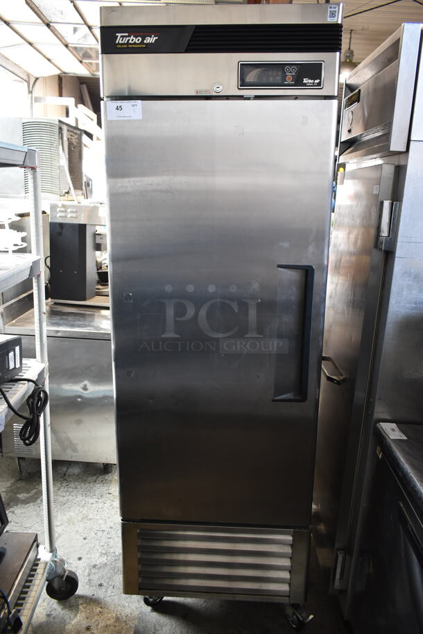 Turbo Air TSR-23SD Stainless Steel Commercial Single Door Reach In Cooler w/ Poly Coated Racks on Commercial Casters. 115 Volts, 1 Phase. Tested and Powers On But Does Not Get Cold - Image 1 of 7