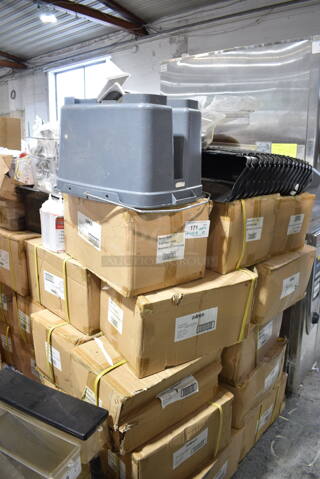 PALLET LOT of 40 BRAND NEW! Items/Boxes Including Winco TNH-90 High Heat Flexible Turner, Winco TNH-91 Perforated Turner, Winco Heat Lamp, Gray Poly Bin, Black Butler Pans. 40 Times Your Bid!