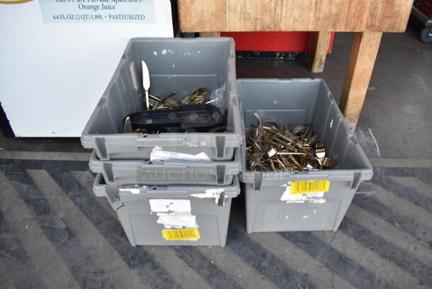 ALL ONE MONEY! Lot of 4 Gray Poly Bins w/ Silverware Including Forks - Image 1 of 5