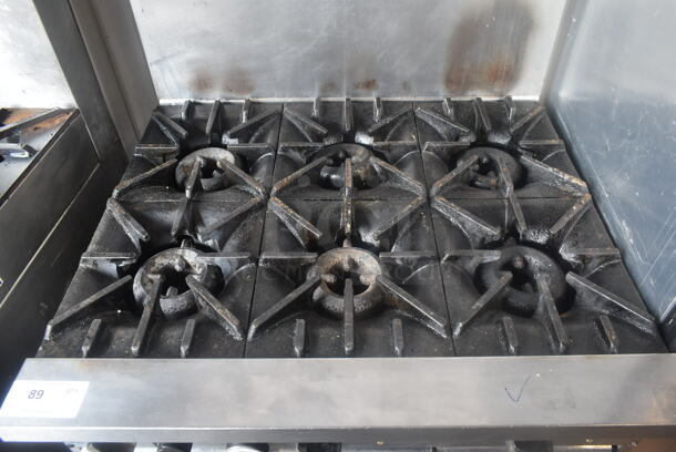 Garland SunFire Stainless Steel Commercial Natural Gas Powered 6 Burner Range w/ Oven and Back Splash on Commercial Casters.  - Image 2 of 8