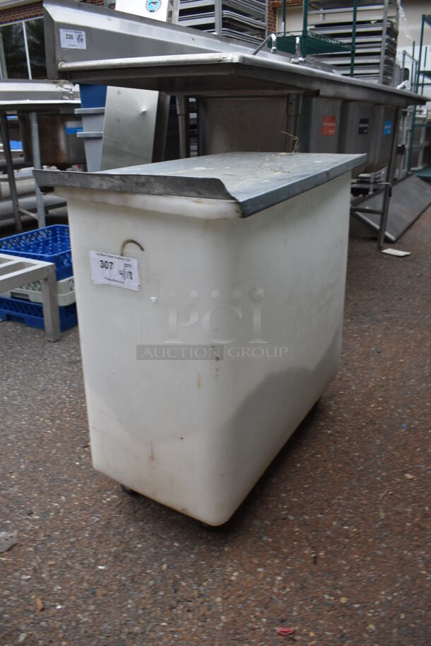 White Poly Ingredient Bin w/ Metal Lid on Commercial Casters. - Image 3 of 5