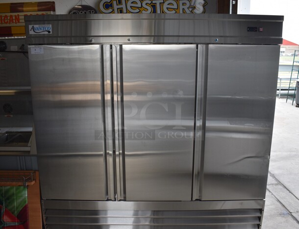 BRAND NEW SCRATCH AND DENT! Avantco Model 178SS3RHC Stainless Steel Commercial Three Door Reach In Cooler w/ Poly Coated Racks on Commercial Casters. 115 Volts, 1 Phase. 81x32x82.5. Tested and Working!