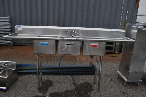 Stainless Steel Commercial 3 Bay Sink w/ Dual Drainboards, Faucet, Handles. 105x24x56. Bay 18x18x12. Drainboards 22x20x1