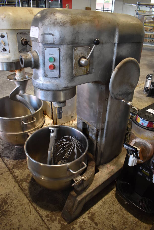 Hobart H-600 Metal Commercial Floor Style 60 Quart Planetary Dough Mixer w/ Stainless Steel Mixing Bowl, Paddle and Balloon Whisk Attachment. 230 Volts, 1 Phase. 28x38x56