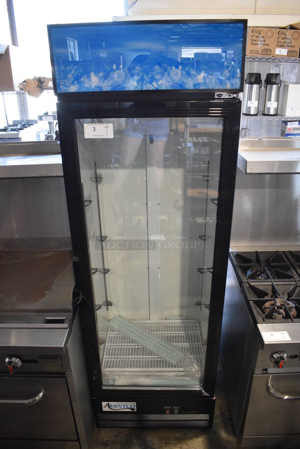 BRAND NEW! Avantco Model 178GDC15HCB Metal Commercial Single Door Reach In Cooler Merchandiser w/ Poly Coated Racks. 115 Volts, 1 Phase. 25x25x79. Tested and Working!
