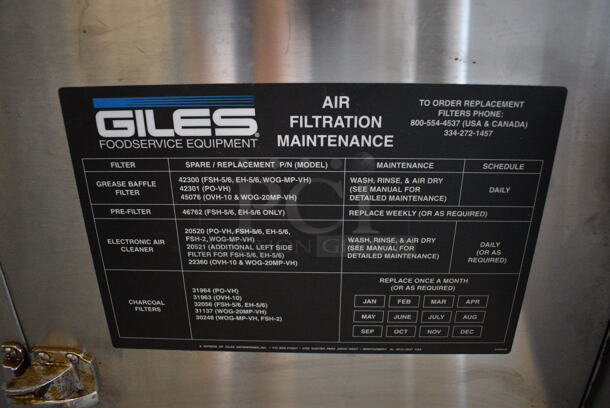 Giles FSH-6 Stainless Steel Commercial Ventless Hood w/ 2 NEW Filters. 208-240 Volts, 1 Phase. 72x45x38 - Image 5 of 10