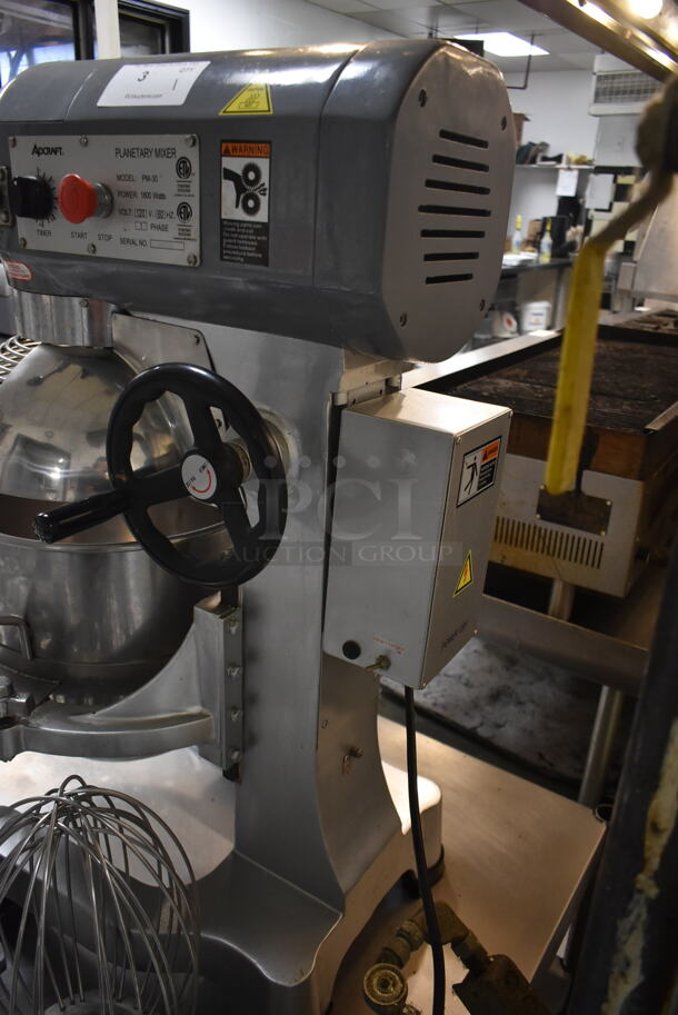 Adcraft PM-30 Metal Commercial Countertop 30 Quart Planetary Dough Mixer w/ Stainless Steel Mixing Bowl, Bowl Guard, Paddle, Whisk and Dough Hook Attachments. 120 Volts, 1 Phase. Tested and Working! (kitchen)  - Image 7 of 8