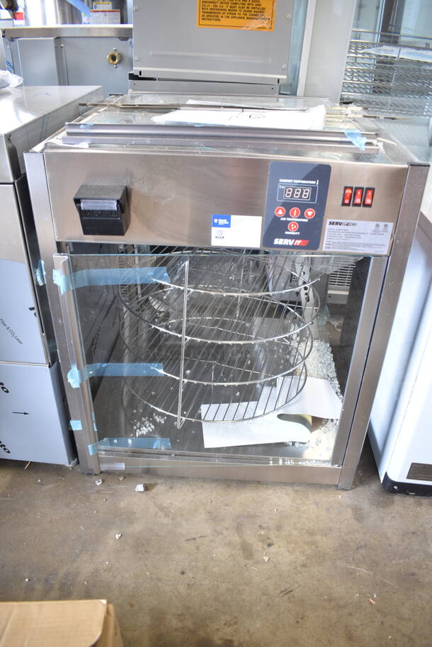 BRAND NEW SCRATCH AND DENT! ServIt 423PDW18D2 Stainless Steel Commercial Countertop Self-Service Pizza Warmer with 4-Shelf Rotating Rack. See Pictures for Broken Glass. 120 Volts, 1 Phase. Tested and Working! - Image 2 of 8