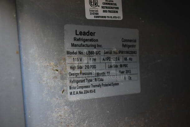 2013 Leader LB60 S/C Stainless Steel Commercial 3 Door Work Top Cooler w/ 2 Tier Over Shelf on Commercial Casters. 115 Volts, 1 Phase. Tested and Working! - Image 5 of 7