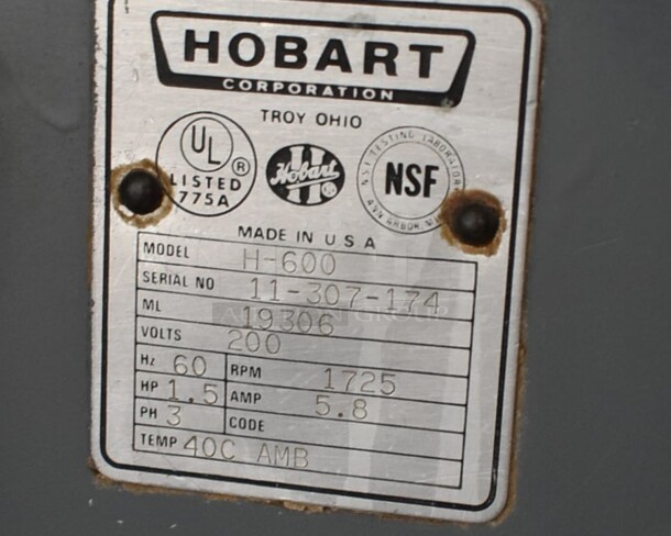 Hobart H-600 Metal Commercial Floor Style 60 Quart Planetary Dough Mixer w/ Stainless Steel Mixing Bowl and Paddle Attachment. 200 Volts, 3 Phase.  - Image 9 of 10