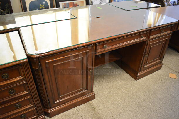 Hooker Wooden Desk w/ Glass Top Pane, 2 Drawers and 2 Doors.