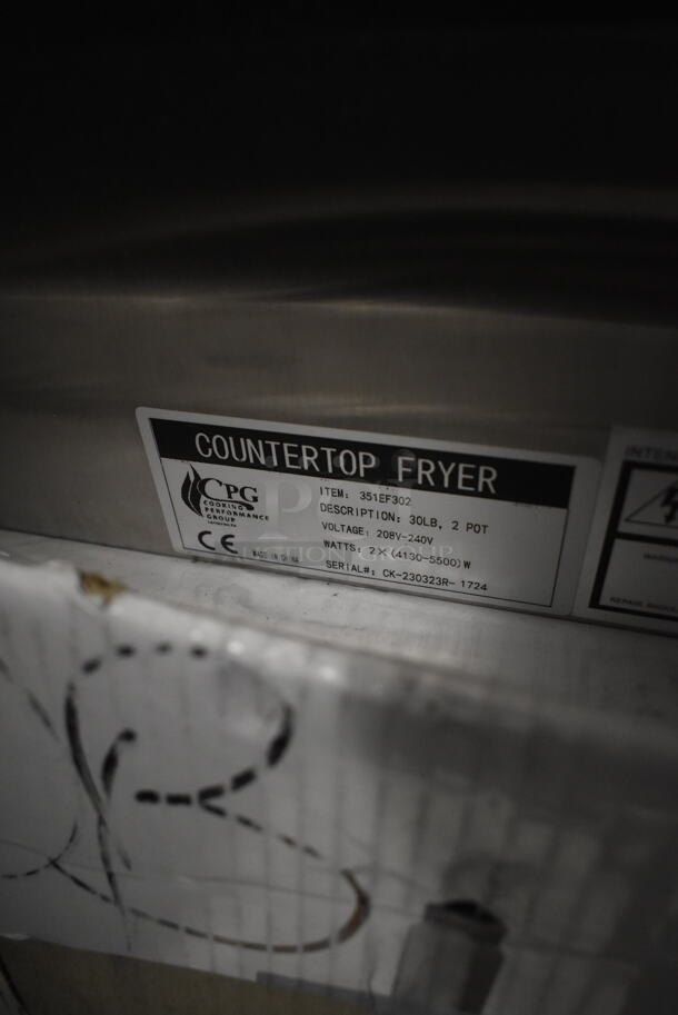 BRAND NEW SCRATCH AND DENT! 2023 Cooking Performance Group CPG 351EF302 Stainless Steel Commercial Countertop Electric Powered Double Bay Deep Fat Fryer w/ 2 Metal Fry Basket and 2 Lid. 208-240 Volts, 1 Phase.  - Image 4 of 4