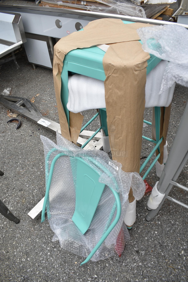7 Various BRAND NEW SCRATCH AND DENT! Metal Bar Height Stools w/ 6 Back Rests; 2 Black, 3 Gray and 2 Seafoam Blue. 7 Times Your Bid! - Image 10 of 12