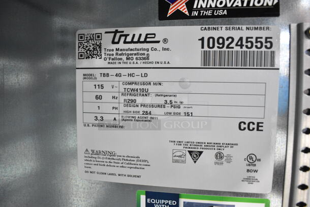 BRAND NEW SCRATCH AND DENT! 2024 True TBB-4G-HC-LD Stainless Steel Commercial 90 3/8" Black Glass Door Back Bar Refrigerator with LED Lighting. 115 Volts, 1 Phase. Tested and Working!  - Image 9 of 9