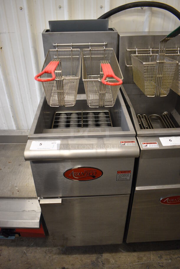 2021 Avantco Model FF400-P Stainless Steel Commercial Floor Style Propane Gas Powered 50 Pound Capacity Deep Fat Fryer w/ 2 Metal Fry Baskets. 120,000 BTU. 15.5x30x47 - Image 1 of 5