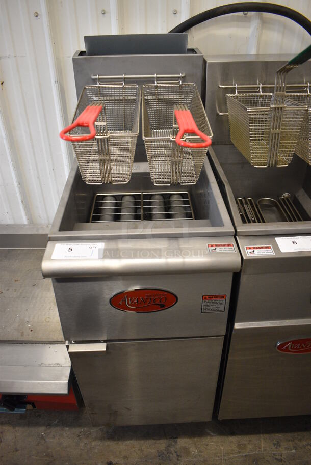 2021 Avantco Model FF400-P Stainless Steel Commercial Floor Style Propane Gas Powered 50 Pound Capacity Deep Fat Fryer w/ 2 Metal Fry Baskets. 120,000 BTU. 15.5x30x47