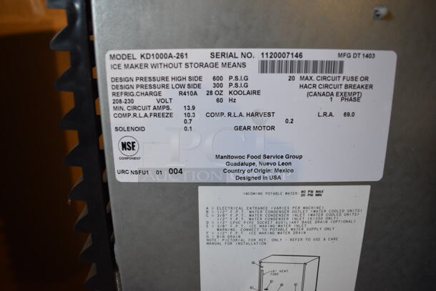 LIKE NEW! 2014 Manitowoc KD1000A-261 Stainless Steel Commercial Ice Machine Head. 208-230 Volts, 1 Phase. Unit Has Only Been Used a Few Times! - Image 4 of 4