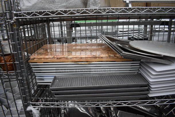 ALL ONE MONEY! Lot of Chrome Finish 4 Tier Shelving Unit on Commercial Casters w/ All Contents Including Metal Drop Ins, White Ceramic Plates. BUYER MUST DISMANTLE. PCI CANNOT DISMANTLE FOR SHIPPING. PLEASE CONSIDER FREIGHT CHARGES. 60x25x72 - Image 5 of 9