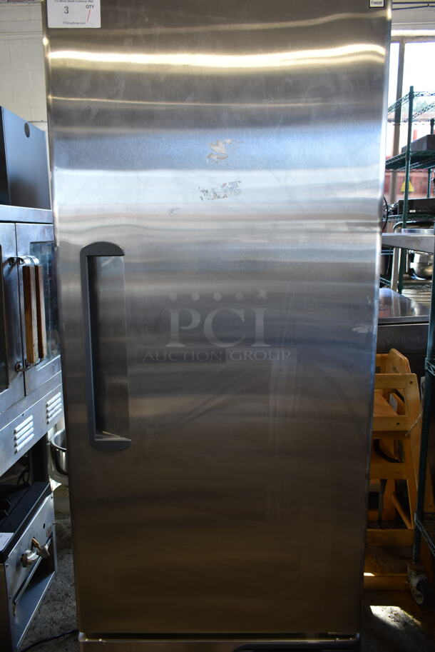 BRAND NEW SCRATCH AND DENT! 2021 Migali C-1FB-HC Stainless Steel Commercial Single Door Reach In Freezer w/ Poly Coated Racks on Commercial Casters. 115 Volts, 1 Phase. Tested and Working! - Image 5 of 10