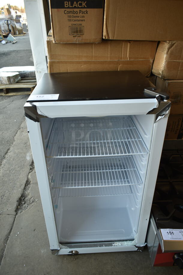 BRAND NEW SCRATCH AND DENT! Galaxy 177CRG4B Metal Mini Cooler Merchandiser. See Pictures for Broken Glass Door. Tested and Working!