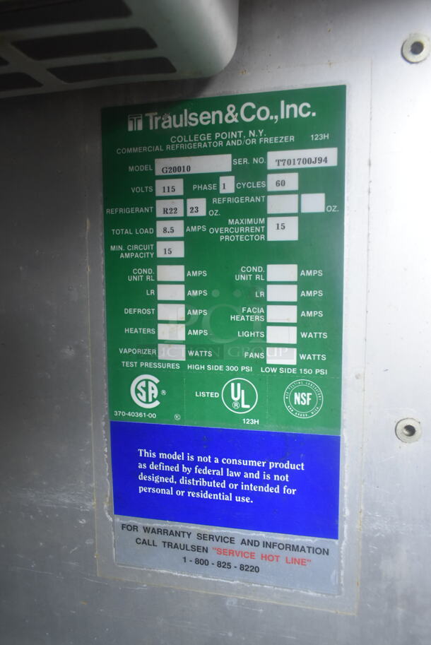 Traulsen G20010 Stainless Steel Commercial 2 Door Reach In Cooler. 115 Volts, 1 Phase. Tested and Working! - Image 9 of 9