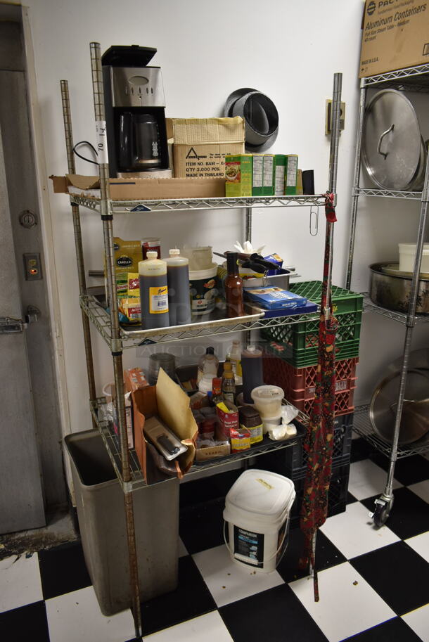 Metro Chrome Finish 3 Tier Wire Shelving Unit w/ Contents. BUYER MUST REMOVE: BUYER MUST DISMANTLE. PCI CANNOT DISMANTLE FOR SHIPPING. PLEASE CONSIDER FREIGHT CHARGES. (kitchen) - Image 1 of 5