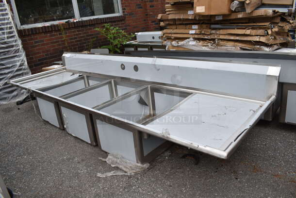 BRAND NEW SCRATCH AND DENT! Regency 600S32028224 115" 16-Gauge Stainless Steel Three Compartment Commercial Sink with 2 Drainboards - 20" x 28" x 14" Bowls. No Legs.  - Image 2 of 9