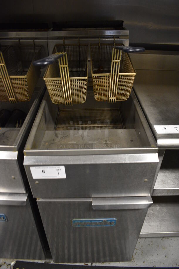 Imperial IFS-40 Stainless Steel Commercial Floor Style Natural Gas Powered Deep Fat Fryer w/ 2 Metal Fry Baskets. 105,000 BTU. 15.5x31x47. BUYER MUST REMOVE. Item Was in Working Condition on Last Day of Business. (kitchen)