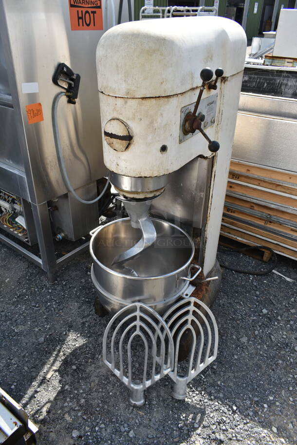 Hobart M-802 Metal Commercial Floor Style 80 Quart Planetary Dough Mixer w/ Stainless Steel Mixing Bowl, Dough Hook and 2 Paddle Attachments. 208 Volts, 3 Phase.  - Image 1 of 8