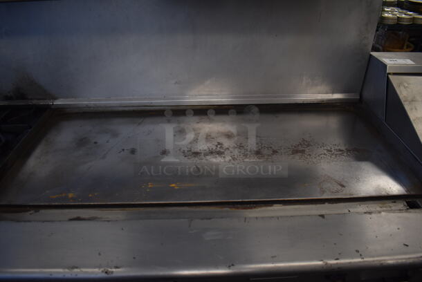 American Range Stainless Steel Commercial Natural Gas Powered 4 Burner Range w/ Flat Top, Oven, Convection Oven, Over Shelf and Back Splash on Commercial Casters. 72x33x57 - Image 8 of 11