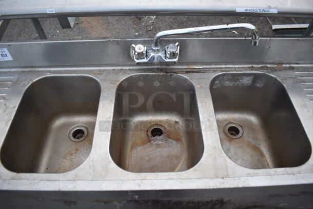 Stainless Steel 3 Bay Back Bar Sink w/ Dual Drain Boards, Faucet and Handles. 60x18x32. Bays 10x14x9. Drain Boards 11x16x1 - Image 3 of 5