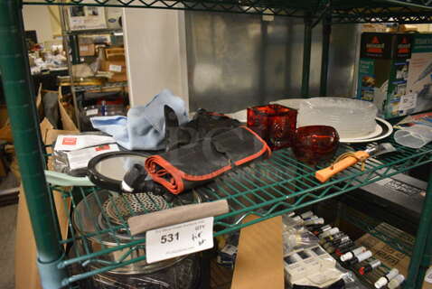 ALL ONE MONEY! Tier Lot of Various Items Including Glass Plates, Fuel Guards, Tools with Bag, and Sunglasses