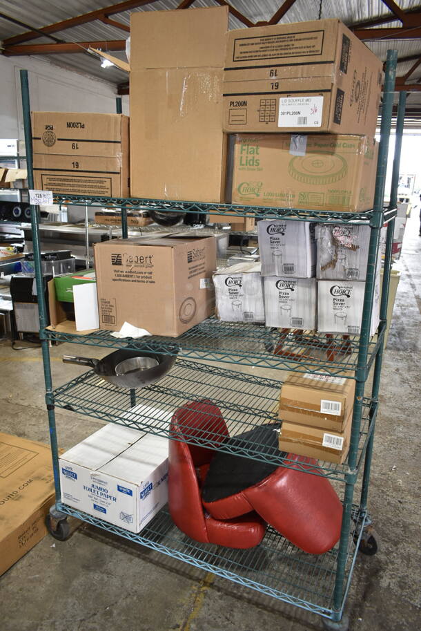 ALL ONE MONEY! Lot of BRAND NEW Metro Lot of Various Items Including 301PL200N Solo PL200N Medium Clear Plastic Souffle / Cup Lid - 2500/Case, 760PFLIDPLA EcoChoice 9, 12, 16, 20, 22 oz. Translucent Compostable PLA Paper Cold Cup Flat Lid with Straw Slot - 1000/Case, 5 Box 485RPS1M Choice Pizza Box Stack / Pizza Saver - 1000/Case. 51160A50 Clear Lid, San Jamar Venue Countertop Napkin Dispenser, PL200N Dart Clear Plastic Lids, Choice 471BSTAL7RD Metal Dome Cover, 2 Boxes Gift Boutique Set of 2 Champagne Glasses, 2 Red Bucket Seats. Shelving Unit Is Not Included.  - Image 1 of 12